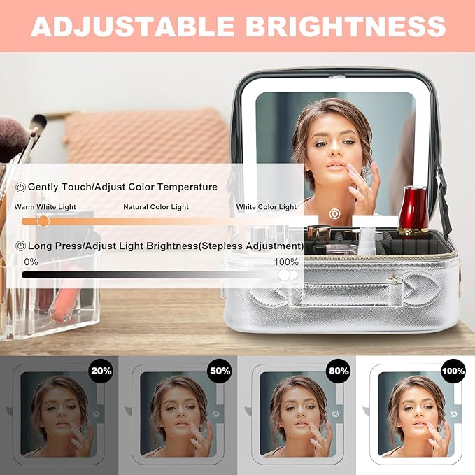 Mocado Travel Makeup Bag with LED Lighted Mirror,Travel Makeup Organizer,Makeup Case with 3 Color Lighted Setting and 10x Magnifying Mirror,Portable Storage and Adjustable Dividers Makeup Box(Silver)