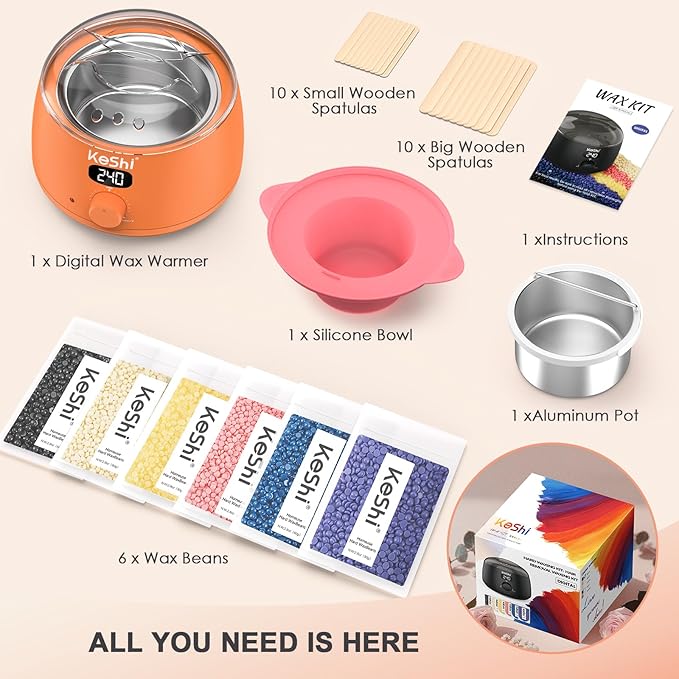 KeShi Waxing Kit for Women and Men, Digital Wax Warmer with 6 Bags Hard Wax Beads, at-Home Hair Removal Wax Kit for Full Body, Face, Eyebrow, Bikini, Legs, Brazilian & Sensitive Skin(Vital Orange)