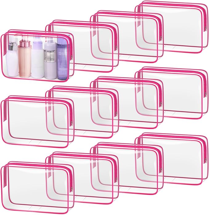 TISRATOK 12 PCS Clear Makeup Bag for Women with Zipper, TSA Approved Toiletry Pouch, Cosmetic Bag Bulk for Travel Organizer Essentials - Rose Red, Large