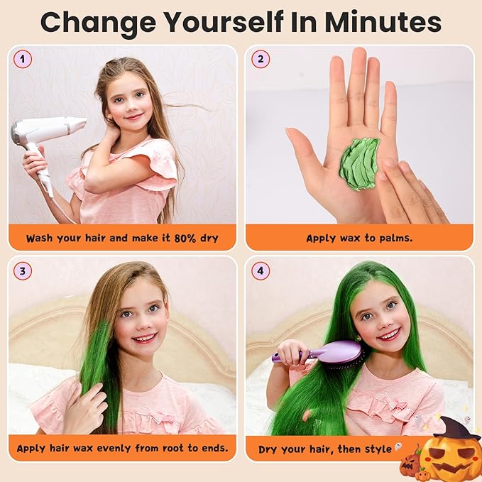 4 Colors Temporary Hair Color Wax for Kids, Blue Green Orange Purple Hair Styling Mud, Washable Style Dye for Girl Boy Teens, DIY Instant Hair Coloring Gel Cream for Cosplay Halloween Children's Day