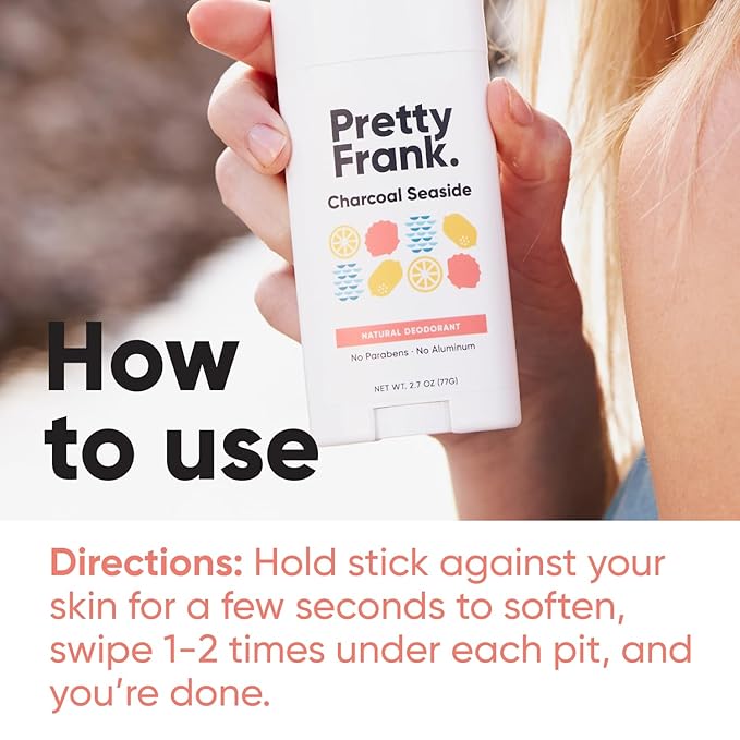 Pretty Frank Natural Aluminum-Free Deodorant Stick, Charcoal Seaside (2-Pack) | All-Day Odor Control for Women & Men | Effective, Safe, Organic Ingredients, Added Charcoal and Essential Oils