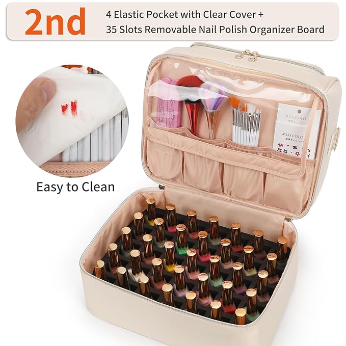 CUBETASTIC Nail Polish Organizer, Portable Nail Polish Storage Case Holds 45 Bottles Nail Polish & Nail Lamp, Travel Nail Supplies Organizer for Nail Tech Kit & Manicure Tools (White, 45 Slots)