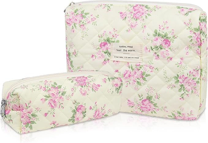 2PC Makeup Bag Set, Cute Cosmetic Bag for Women Girls, Floral Coquette Aesthetic Toiletry Bag, Travel Make Up Organizer Bag (Pink Flower)