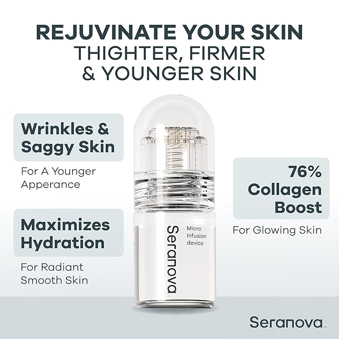 Seranova Micro Infusion System for Face & Neck 0.05mm Stamp with Hyaluronic Acid & Collagen Peptide Serum for Firmer Smoother-Looking Skin, Easy 5-Minute At-Home Skin Care Application - 2 Month Supply