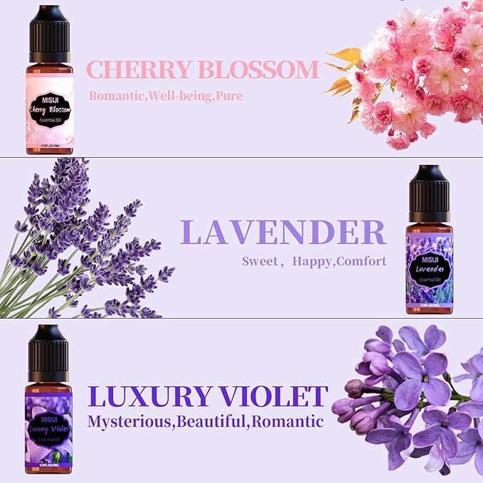 Flowers Essential Oils for Humidifier Diffuser- Cherry Blossom, Mystery Rose, Rosemary, Vanilla, Lavender, Luxury Violet,6x10mL