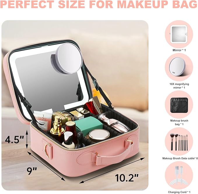 Mocado Travel Makeup Bag with LED Lighted Mirror, Travel Makeup Organizer, Makeup Case with 8 Makeup Brushes and 10x Magnifying Mirror, 3 Color Lighting, Adjustable Divider Makeup Box(Pink Lozenge)
