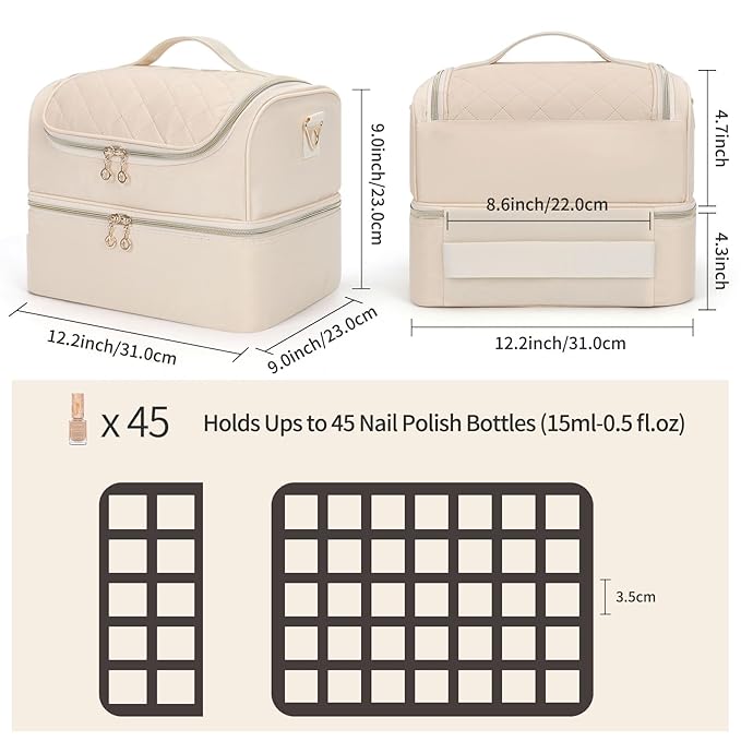 CUBETASTIC Nail Polish Organizer, Portable Nail Polish Storage Case Holds 45 Bottles Nail Polish & Nail Lamp, Travel Nail Supplies Organizer for Nail Tech Kit & Manicure Tools (White, 45 Slots)