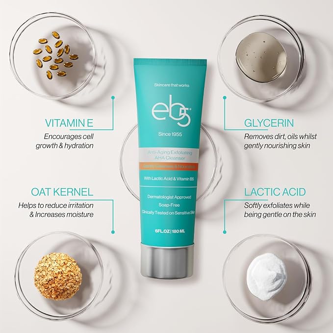 eb5 Exfoliating Aha Cleansing Lotion for Nourishing and Glowing Skin | Moisturizing, Soap-free, Anti-Aging Gentle Cleanser for Men & Women (6 Fl oz)