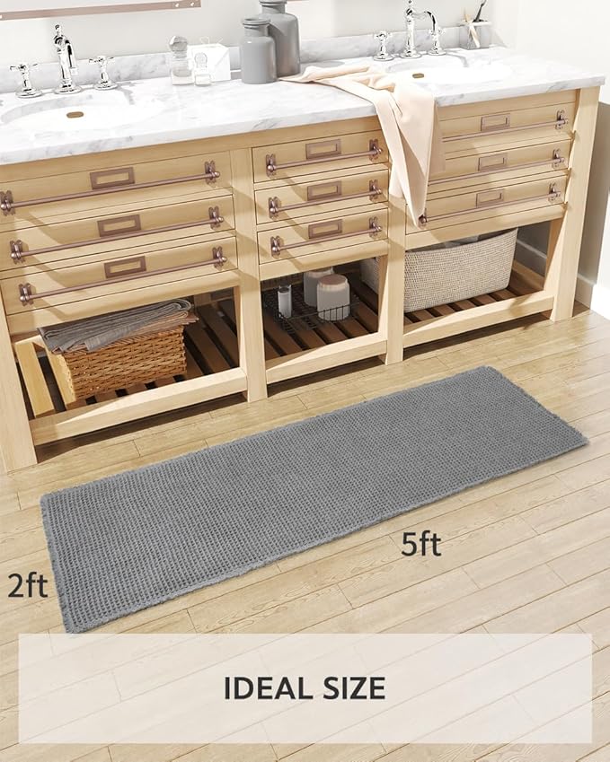 tchdio Waffle Bath Mat-Runner Rug, Super Absorbent Non Slip Bath Mats for Bathroom Machine Washable Long Rugs with Tassels, Bath Rugs for Bathroom Floor Beside Tub, 2' x 5', Dark Grey