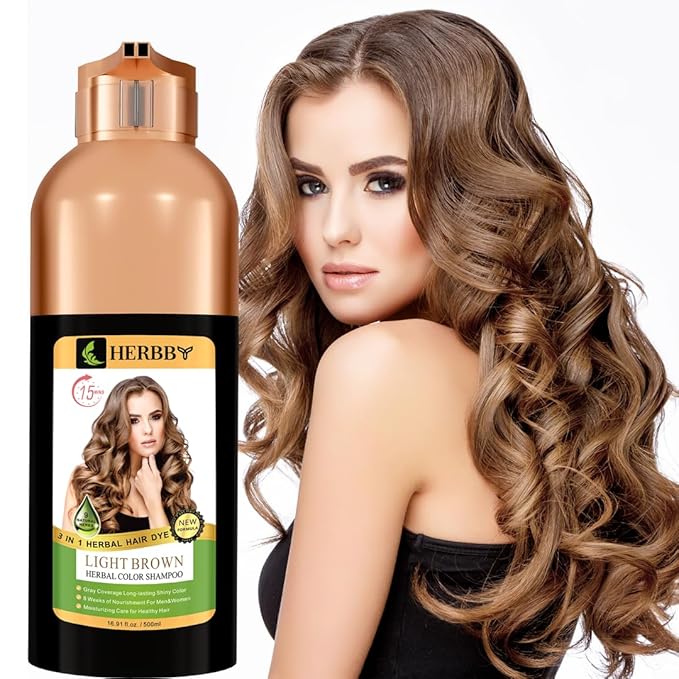 HERBBY Hair Color Shampoo for Gray Hair Coverage&Color Transform with 9 Herbal Extracts –Long Lasting(6-8 Weeks),Shiny,Evenly Colored,Instant Hair Dye Shampoo&Conditioner, 500 Ml (LIGHT BROWN COLOR)