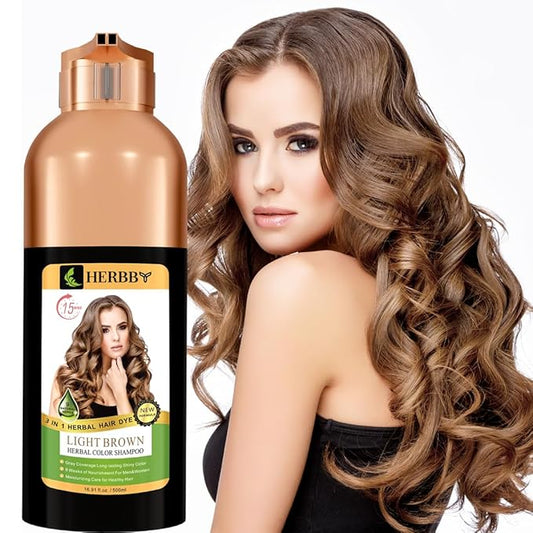HERBBY Hair Color Shampoo for Gray Hair Coverage&Color Transform with 9 Herbal Extracts –Long Lasting(6-8 Weeks),Shiny,Evenly Colored,Instant Hair Dye Shampoo&Conditioner, 500 Ml (LIGHT BROWN COLOR)