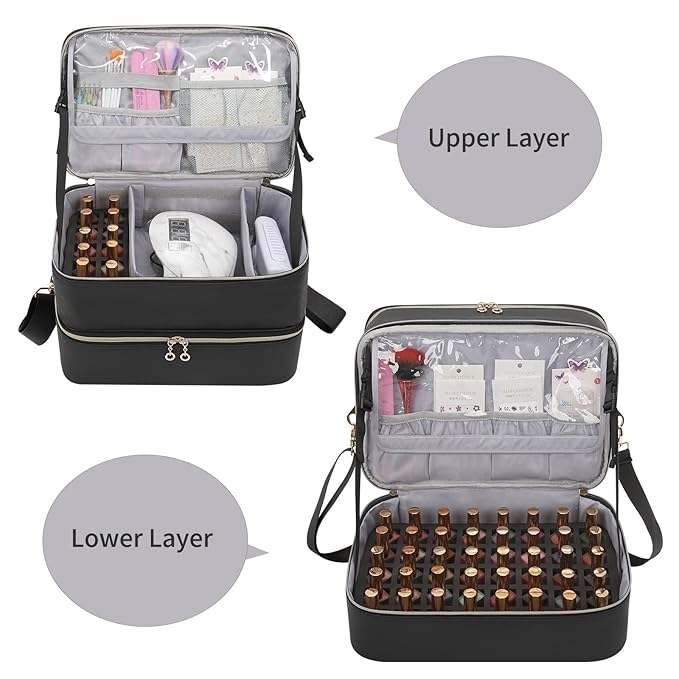 Ethereal Nail Polish Organizer Case, Leather Nail Polish Bag Holds 50+ Bottles (5ml/0.5fl.oz) and Nail Lamp, Nail Storage Organizer with Compartment, Leather Black