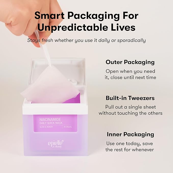 Epielle Niacinamide Korean Face Masks 20 Pack - Pore Minimizing Sheet Masks with Bakuchiol for Glowing Skin, Thanksgiving Essentials & Stocking Stuffers for Women K-Beauty