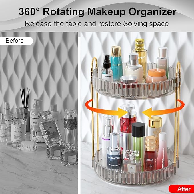 GTI 360°Rotating Makeup Organizer, 2 Tier Bathroom Counter Organizer,Large Capacity Perfume Cosmetics Skincare Vanity Organizers, Dresser Spinning Countertop Organizer and Storage for Women (Grey)