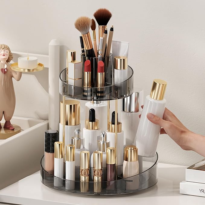 2 tier Makeup Organizer Countertop,360 Rotating Makeup Organizer for Skincare, Lipstick and Perfumes,Multi-function Cosmetic Display Cases for Vanity,Bathroom,Grey
