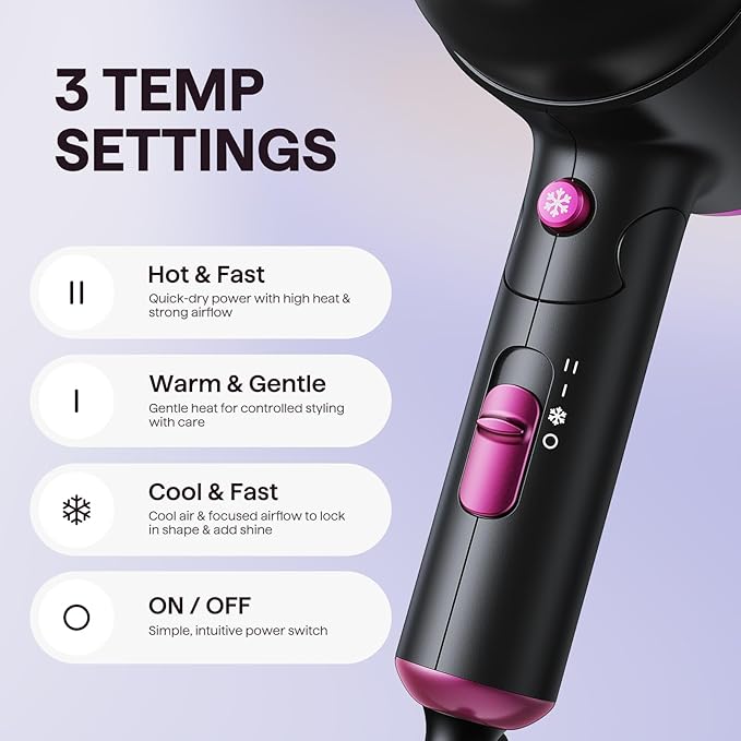 Wavytalk Hair Dryer with Diffuser, Foldable Hair Blow Dryer, 1600W Lightweight Diffuser Hair Dryer for Curly Hair, Black