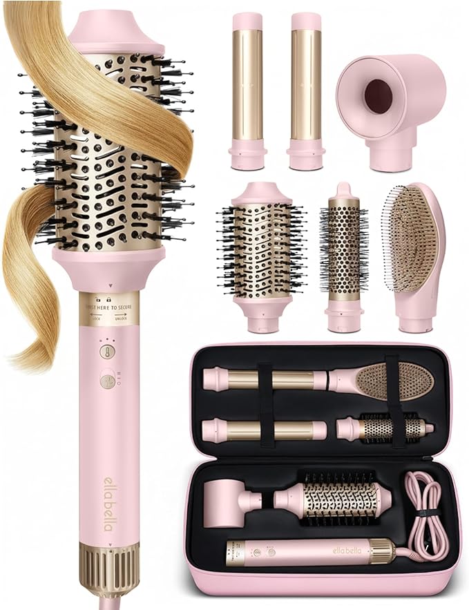 ELLA BELLA® 6 in 1 Professional Hot Air Styler • Powerful Hair Dryer & Straightener Set • Styling Without Heat Damage • Fast Drying Curling Volumizing Straightening • Protective Travel Case (Pink)