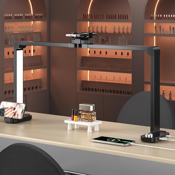 Nail Light for Desk,34 Inch 48W Half Moon Light-Adjustable 3000K-6000K Color Temp, 0-100% Brightness,Nails lamp with Phone Stand,for Nails Art,Tattoo,Eyebrow,Beauty,Reading,Salon