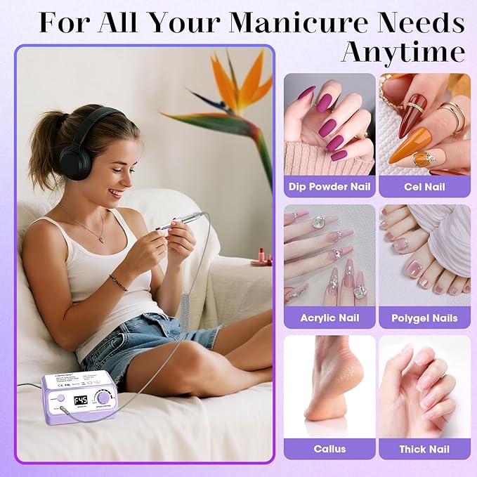 Nail Drill 45000RPM Electric Nail File Drill Nails Machine - Professional Nails Drill with Sanding Bands and Nail Drill Bits for Acrylic, Gel Nail Manicure & Pedicure, Palepurple