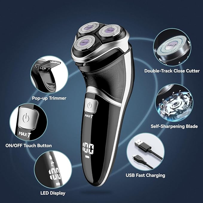 Men's Electric Shaver - MAX-T Corded and Cordless Rechargeable 3D Rotary Shaver Razor for Men with Pop-up Sideburn Trimmer Wet and Dry, IPX7 Waterproof, Plug & Play
