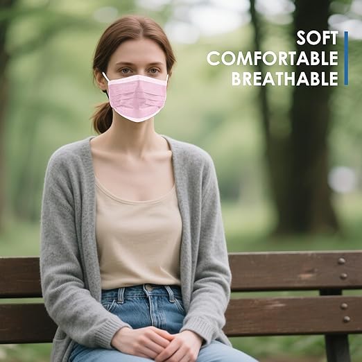 NNPCBT Pink Disposable Face Masks 125 Pack,3-Ply Breathable Mask For Adults,Great For Outdoors,Home, Office, School