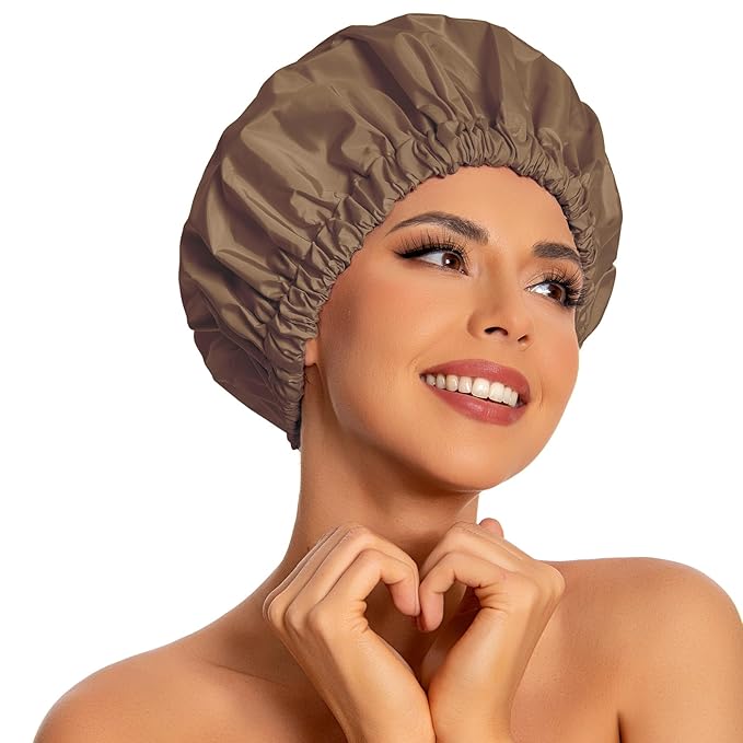 Reusable Shower Cap for Women, Large Waterproof Shower Bonnet Washable Elastic Band Bath Accessories Hair Hat for Long Hair, Braids(Brown)