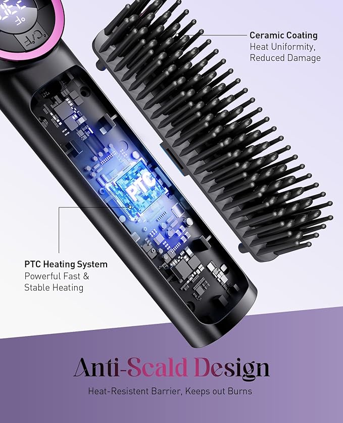 Hair Straightener Brush: 3-in-1 Curling & Straightening Comb with Dual Voltage, Hot Comb with Ionic Coating, Black