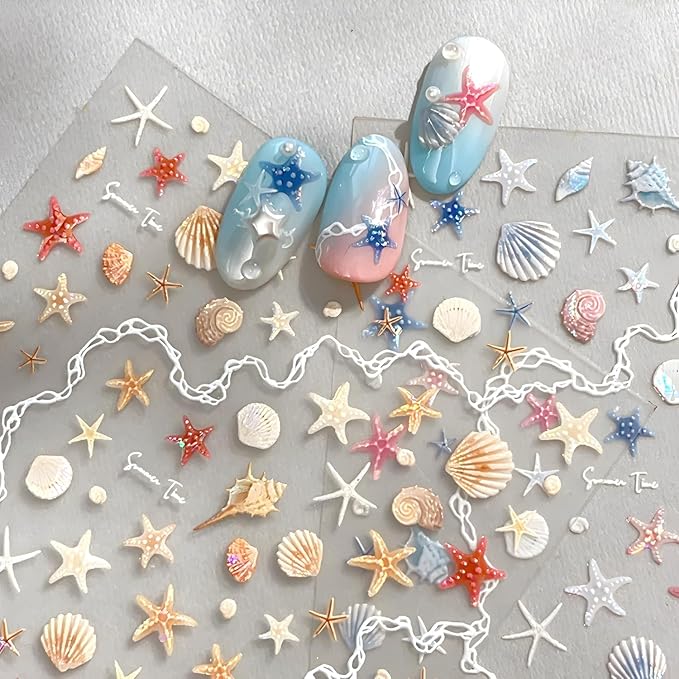 2 Sheets Starfish Nail Stickers for Nail Art 5D Embossed Ocean Nail Decals Summer Nail Stickers Colorful Nail Art Supplies Design Accessories for Women Acrylic Manicure DIY Decoration
