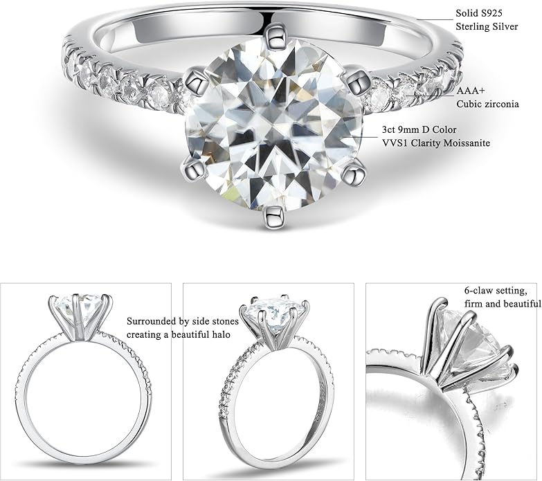 MOOSEA 3CT Moissanite Engagement Rings for Women, Brilliant D Color VVS1 Clarity Lab Created Rings S925 Sterling Silver 14K White Gold Vermeil 6 Claw Moissanite Ring for Women Jewelry Gifts