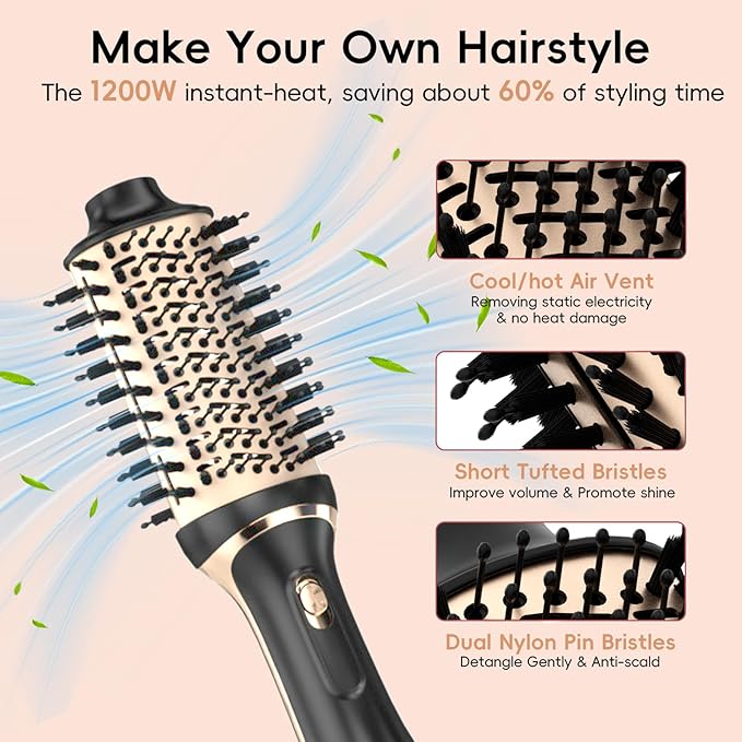 Hair Dryer Brush Set, Multifunctional Hot Air Brush for Salon Blowouts, Negative Ion Technology & Quick Drying, Shiny and Less Frizz, Champagne Gold