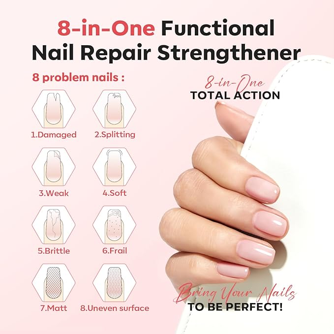 modelones Nail Strengthener Peachy Pink Nail Repair for Damaged Nails Strengthening Polish 15ml Nail Growth and Strengthener Natural Concealer Foundation Nail Care Gifts for Women