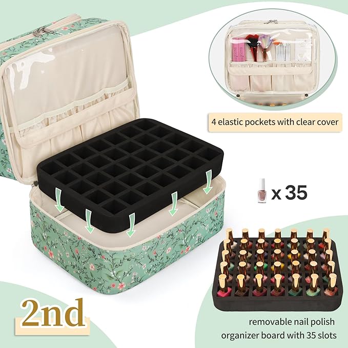 Nail Polish Organizer Case, Floral Print Nail Bag Holds 45 Bottles & Full-Size Lamp, 2-Layer Nail Kit Bag Organizer for Manicure Tools & Nail Supplies Storage