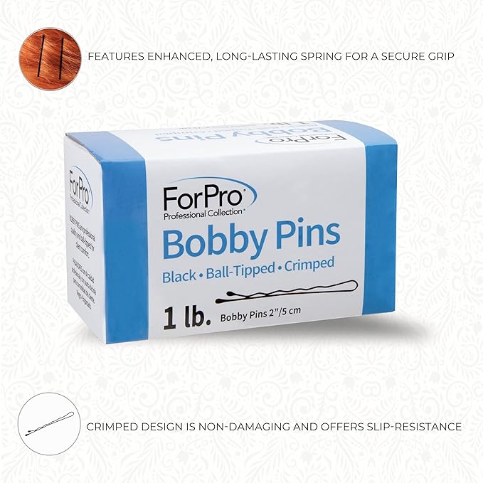 ForPro Professional Collection Bobby Pins (400-Count Approx), Black, 2" L, Ball-Tipped, Crimped, Non-Slip, Non-Damaging, 1 Lb.