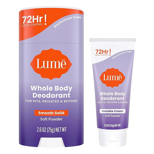 Lume Whole Body Deodorant - Invisible Cream Tube Mini and Solid Stick - 72 Hour Odor Control - Aluminum Free, Baking Soda Free, Skin Safe - 0.5 Oz Mini Tube + 2.6 Oz Solid Stick (Soft Powder)