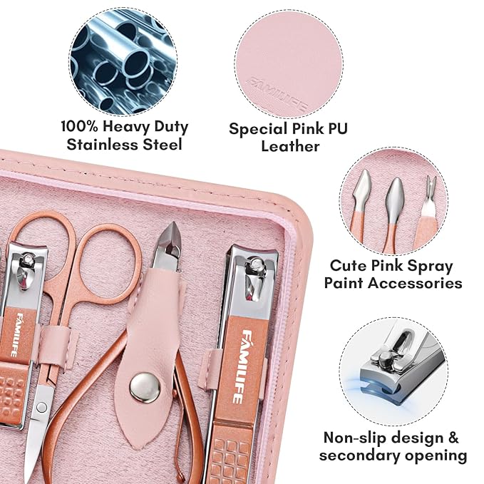 FAMILIFE Manicure Set, Professional Nail Kit Stainless Steel Nail Clipper Set, 13PCS Beauty Tools Manicure Kit Pedicure Tools, with Portable Pink Leather Travel Case for Her