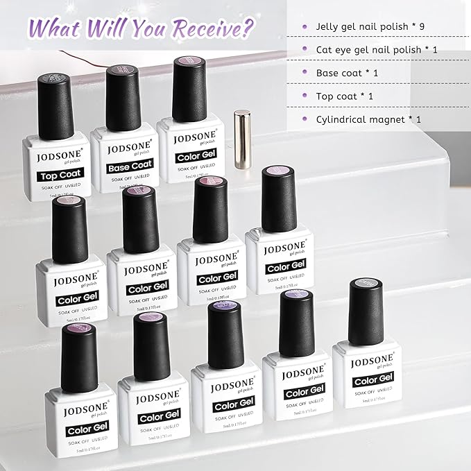 JODSONE 9 PCS Purple Jelly Colors Gel Set Base Coat Top Coat Elegant and Sweet Nail Art Gift DIY at Home