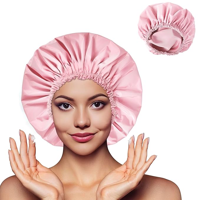 Shower Cap for Women, Double Layer Waterproof Bath Cap, Reusable Hair Protector, Large Waterproof Shower Bonnet Washable Elastic Band Bath Hair Hat for Long Hair, Braids， - Pink