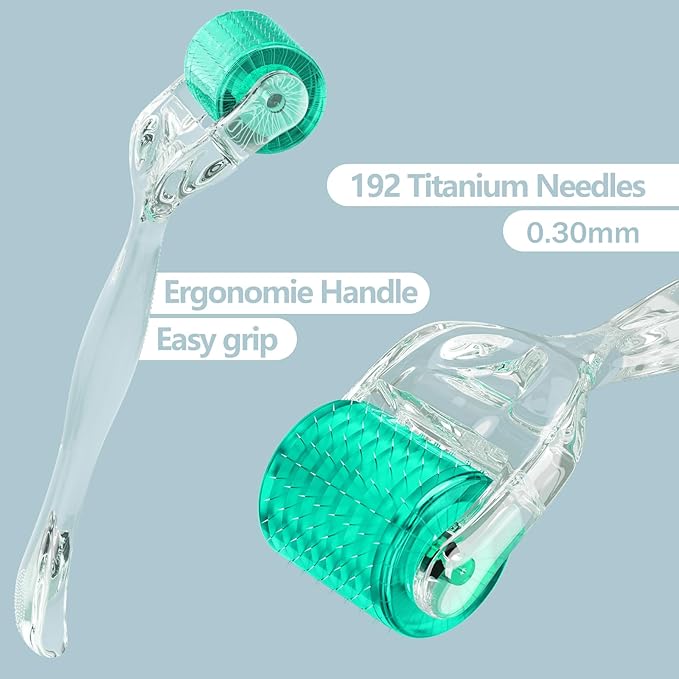 Derma Roller Titanium 0.30mm Microderm Roller Kit - 192 Micro Needles Microneedle Dermal Roller for Scalp and Body, At Home Microdermabrasion Face Roller (Green)
