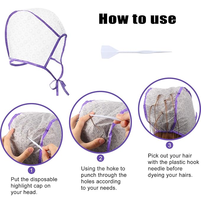 6 Pieces Highlighting Cap Hair Frosting Cap Highlight for Dye Color Bleach with Plastic Hooks Hair Coloring Salon Hairdressing Tool Kit Supplies(Purple)