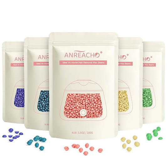 Wax Beads, Anreacho 1.1 lb Hard Wax Beans for Hair Removal, Brazilian, Bikini, Face, Eyebrows, Underarms, Chest, Back, Legs, Wax Refill for Women & Men, Pack of 5