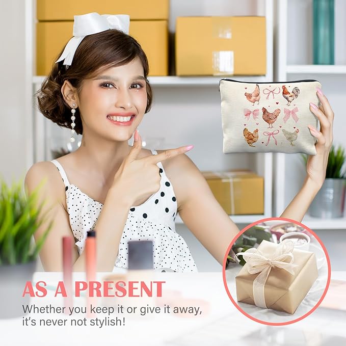 Coquette Pink Bow Chicken Makeup Bag for Women, Chicken Lover Gifts, Preppy Cottagecore Cosmetic Bag for Purse, Cute Rooster Hen Farm Animal Makeup Zipper Pouch