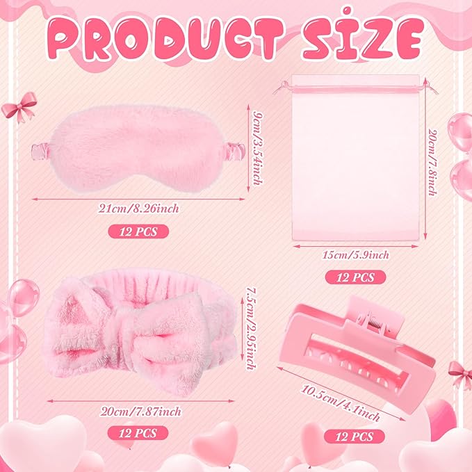 48 Pcs Spa Party Supplies Sleep over Essentials 12 Pink Spa Headband 12 Pink Plush Sleep Eye Mask 12 Claw Clips 12 Organza Bags for Slumber Party Christmas Gift