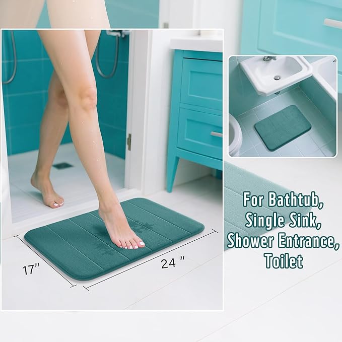 Yimobra Teal Bath Mat, Super Soft Absorbent Memory Foam Bathroom Rug Non Slip, Quick Dry, Machine Washable Floor Carpet for Tub Shower, Home Decor Accessories, 24x17
