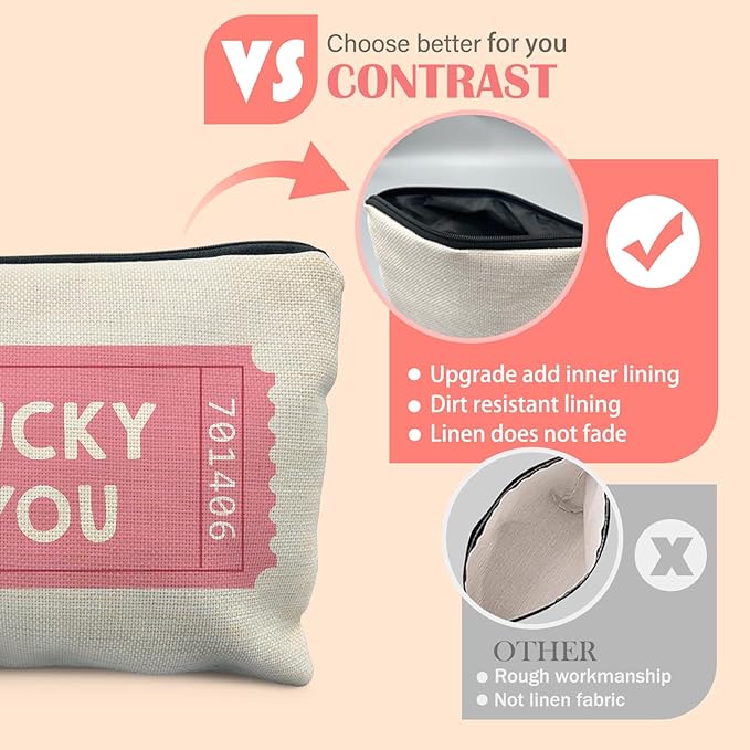 Preppy Girly Pink Makeup Bag for Women, Pink Lucky You Tickets Cosmetic Bag for Purse, Trendy Retro Makeup Zipper Pouch