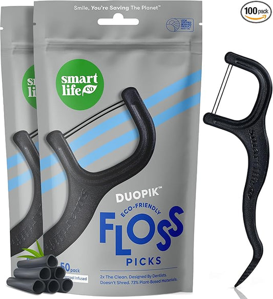 SmartLifeco Eco-Friendly Dual-Thread Dental Floss Picks (100ct) - Flossers Made with Straw Wheat Blend, Natural Teeth Whitening, Tooth Pick Stick for Adults, Activated Bamboo Charcoal Floss Thread