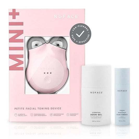 NuFACE MINI+ Microcurrent Facial Device Kit - FDA Cleared Face Sculpting & Skin Tightening Device to Contour, Lift & Tone + Microcurrent Gel Activator & Silk Creme - Sandy Rose