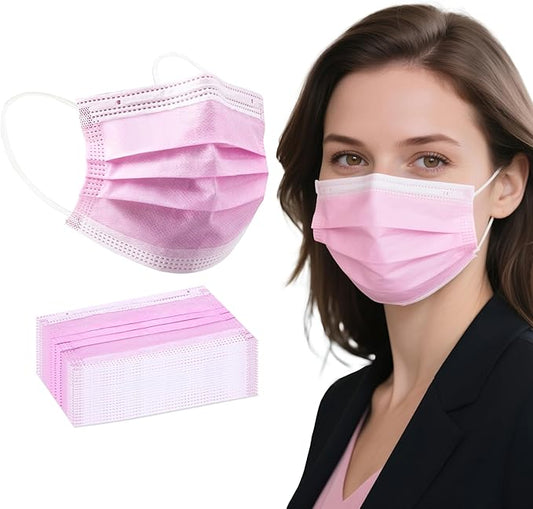 akgk 100PCS Pink Disposable Face Masks, 3-Ply Breathable Pink Face Mask For Adults