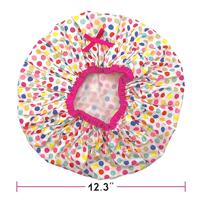 Reusable Bath & Shower Cap Lined, Oversized Waterproof Shower Caps Large Designed for all Hair Lengths with PEVA Lining & Elastic Band Stretch Hem Hair Hat - Fashionista Deco Dots