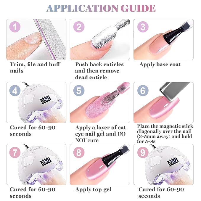 RARJSM Glassy Cat Eye Gel Nail Polish Set 6Pcs Nude Rose Purple Pink Blue Velvet Ice Jelly Silver Shimmer Ceramic Bubble Diamond Cateye Gelpolish with Magnetic Stick Curing Require Home Salon