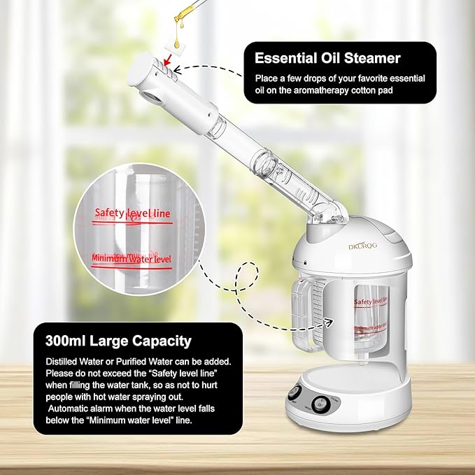 Nano Ionic Facial Steamer with Removable Water Cup, Face Steamer 360° Rotatable Sprayer Warm Mist Face Humidifier for Home and Beauty Salon, Facial Deep Cleaning (White)